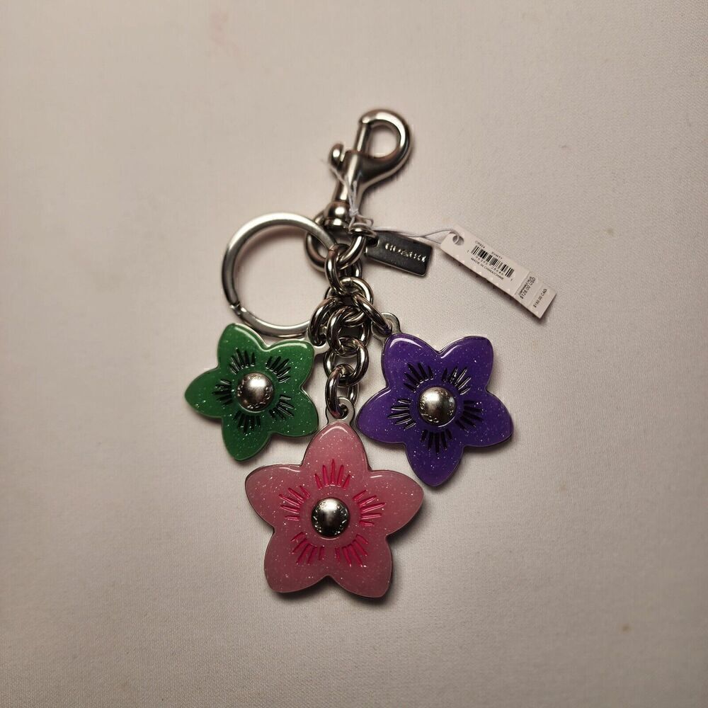 NWT Coach CR924 Bag Charm Key chain SILVER MULTI Wildflower Cluster